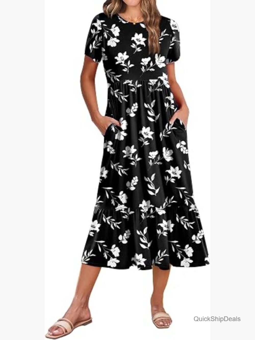 Women Short Sleeve Midi A Line Dress Flowy Tiered Sundress with Pockets